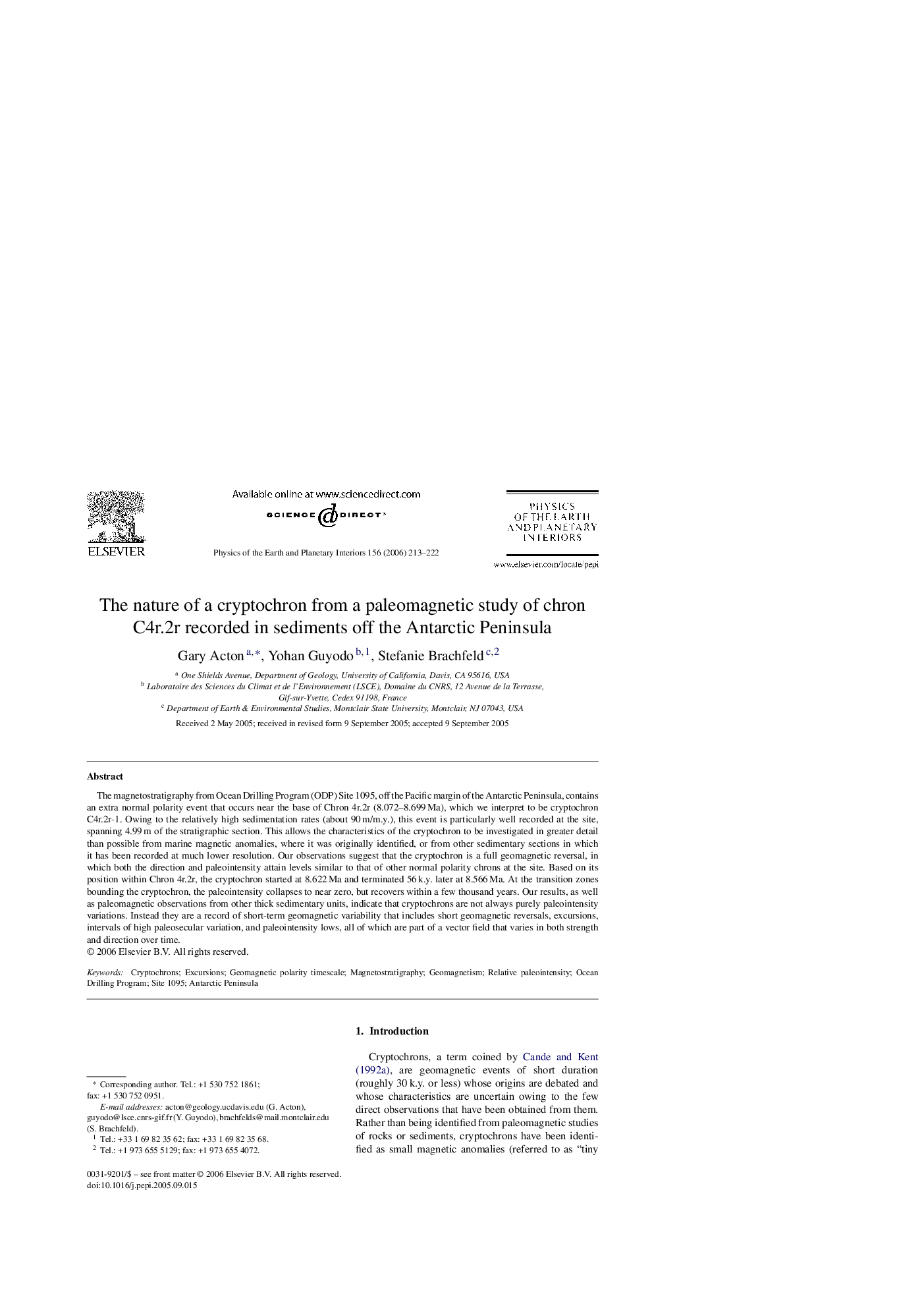 The nature of a cryptochron from a paleomagnetic study of chron C4r.2r recorded in sediments off the Antarctic Peninsula