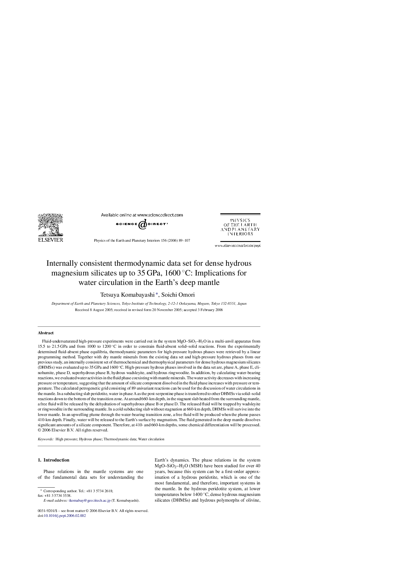 Internally consistent thermodynamic data set for dense hydrous magnesium silicates up to 35 GPa, 1600 °C: Implications for water circulation in the Earth's deep mantle