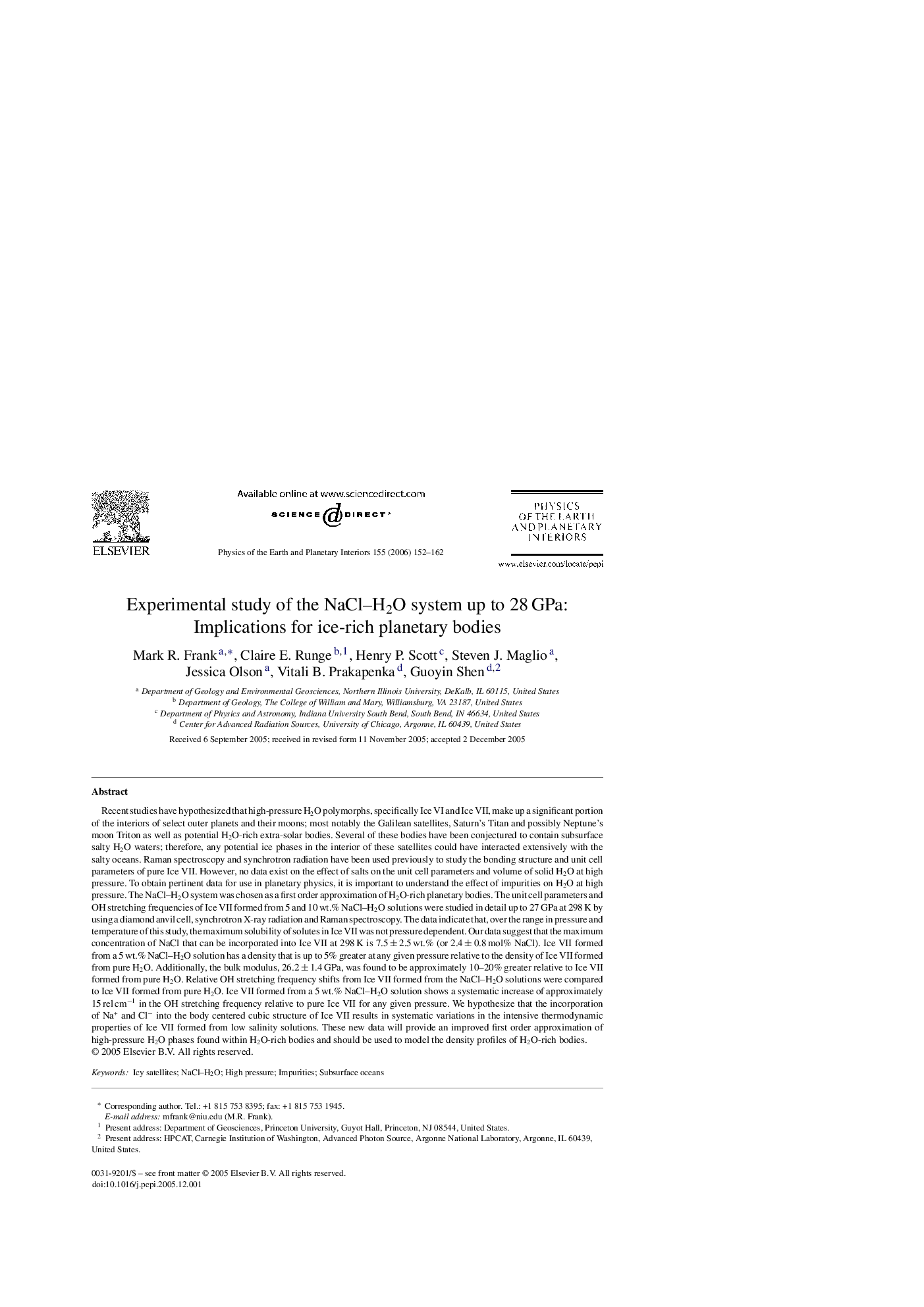 Experimental study of the NaCl–H2O system up to 28 GPa: Implications for ice-rich planetary bodies