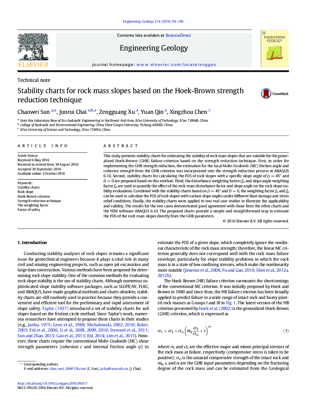 Stability charts for rock mass slopes based on the Hoek-Brown strength reduction technique