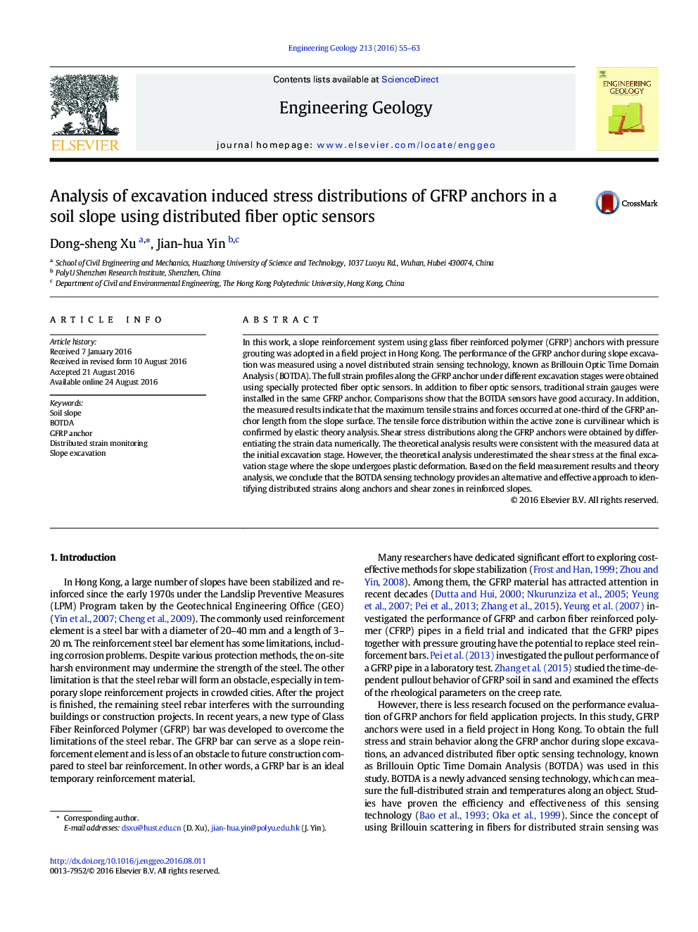 Analysis of excavation induced stress distributions of GFRP anchors in a soil slope using distributed fiber optic sensors