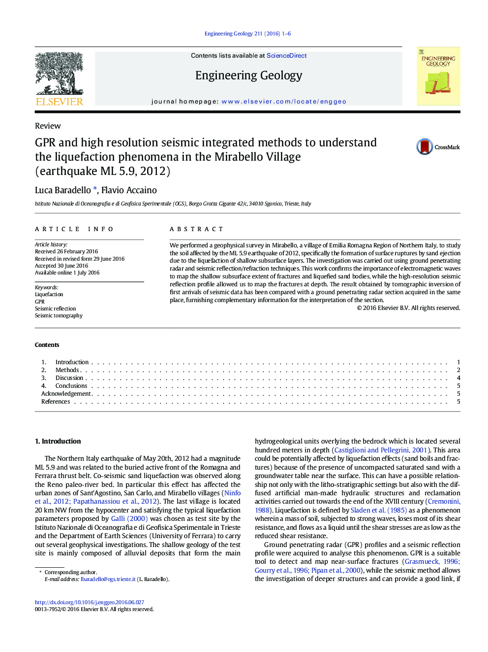 GPR و روشهای یکپارچه لرزه ای با وضوح بالا برای درک پدیده های مایع سازی در روستای میرابلو (زمین لرزه ML 5.9، 2012)