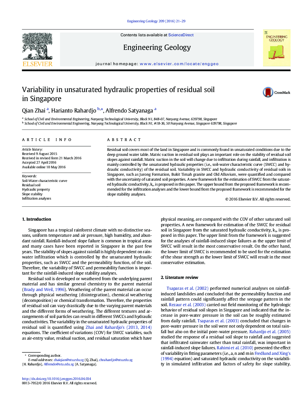 Variability in unsaturated hydraulic properties of residual soil in Singapore