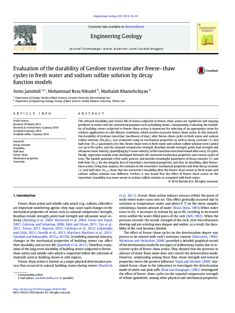 Evaluation of the durability of Gerdoee travertine after freeze–thaw cycles in fresh water and sodium sulfate solution by decay function models