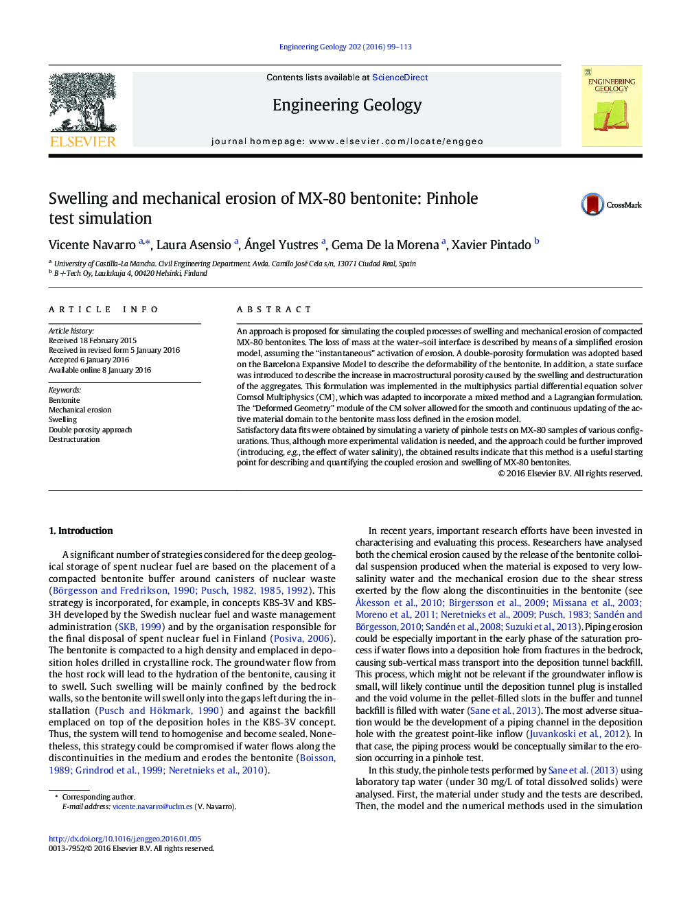 Swelling and mechanical erosion of MX-80 bentonite: Pinhole test simulation