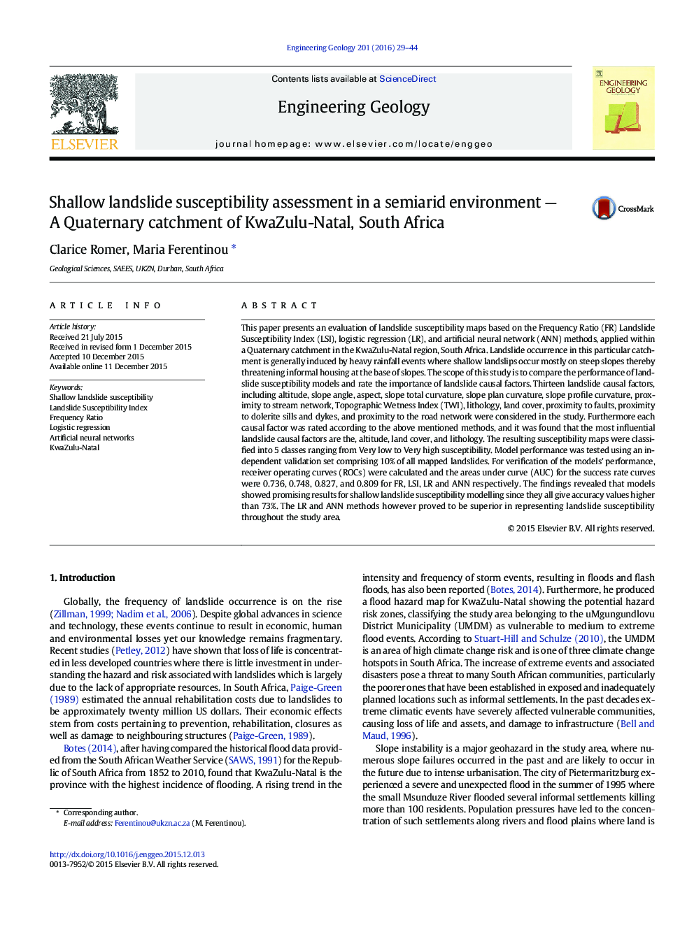 عکس صفحه اول مقاله: Shallow landslide susceptibility assessment in a semiarid environment — A Quaternary catchment of KwaZulu-Natal, South Africa Shallow landslide susceptibility assessment in a semiarid environment — A Quaternary catchment of KwaZulu-Natal, South Africa