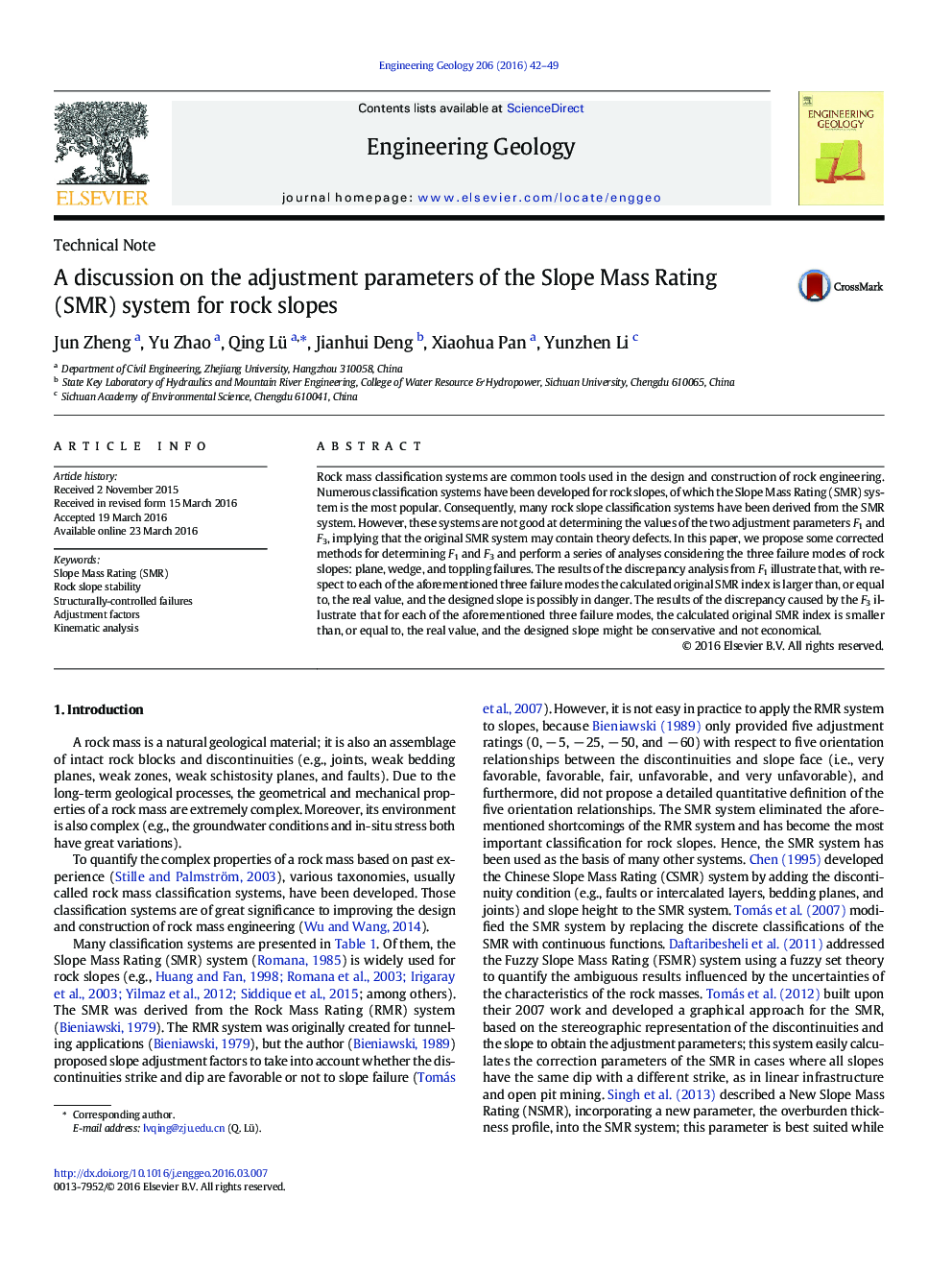 A discussion on the adjustment parameters of the Slope Mass Rating (SMR) system for rock slopes