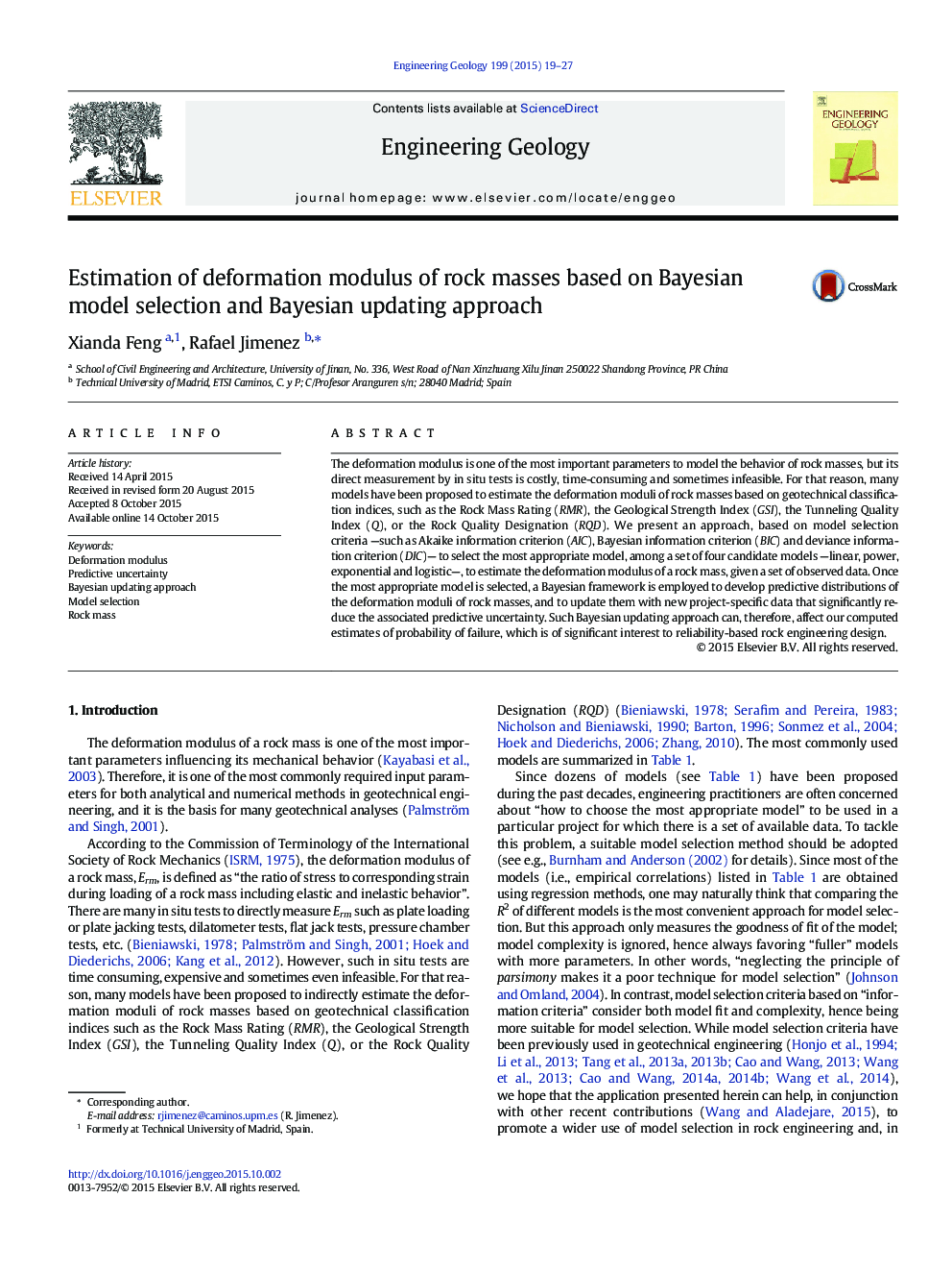 Estimation of deformation modulus of rock masses based on Bayesian model selection and Bayesian updating approach