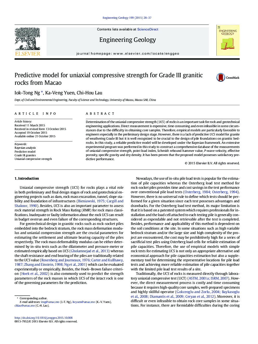 Predictive model for uniaxial compressive strength for Grade III granitic rocks from Macao