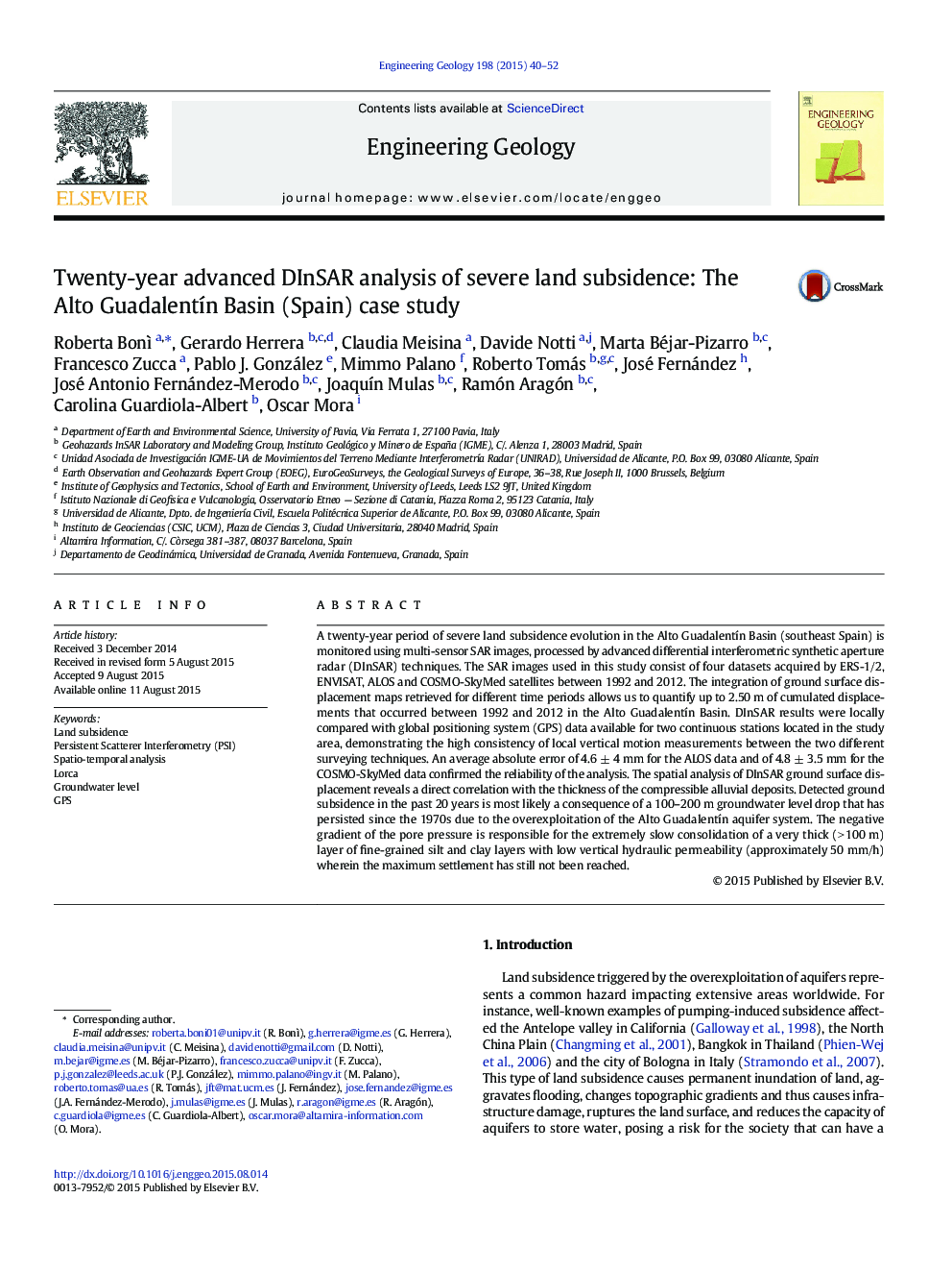 Twenty-year advanced DInSAR analysis of severe land subsidence: The Alto Guadalentín Basin (Spain) case study