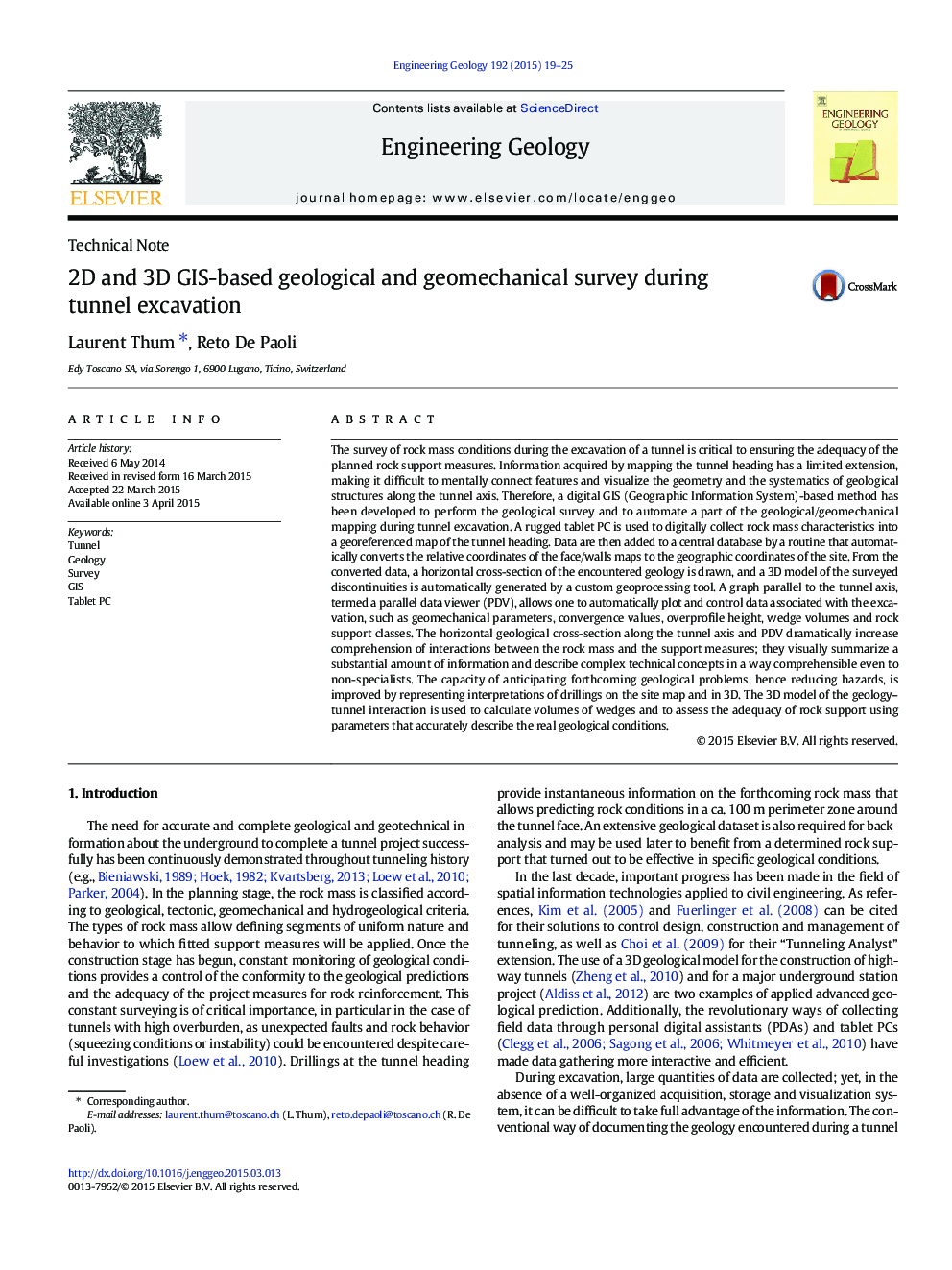 2D and 3D GIS-based geological and geomechanical survey during tunnel excavation