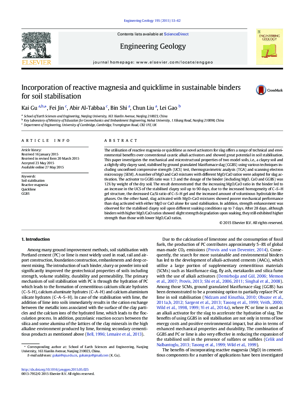 Incorporation of reactive magnesia and quicklime in sustainable binders for soil stabilisation