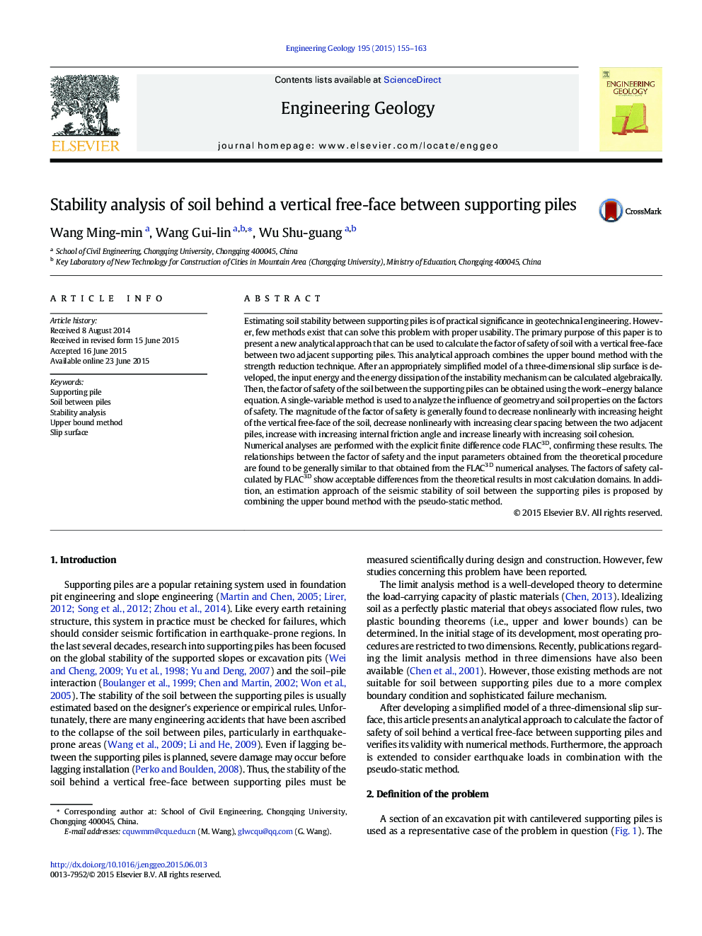 Stability analysis of soil behind a vertical free-face between supporting piles