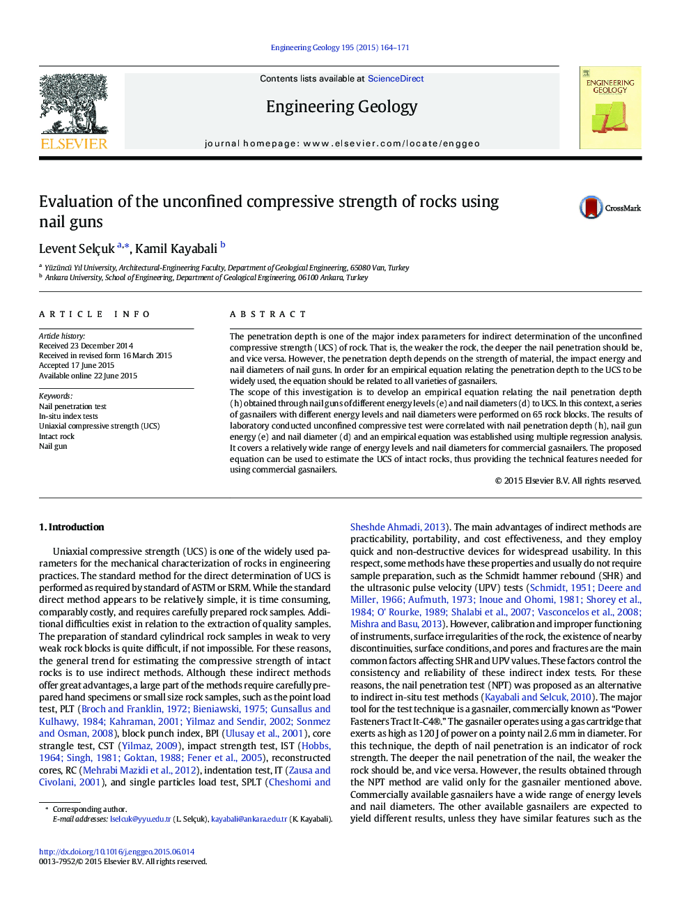 Evaluation of the unconfined compressive strength of rocks using nail guns