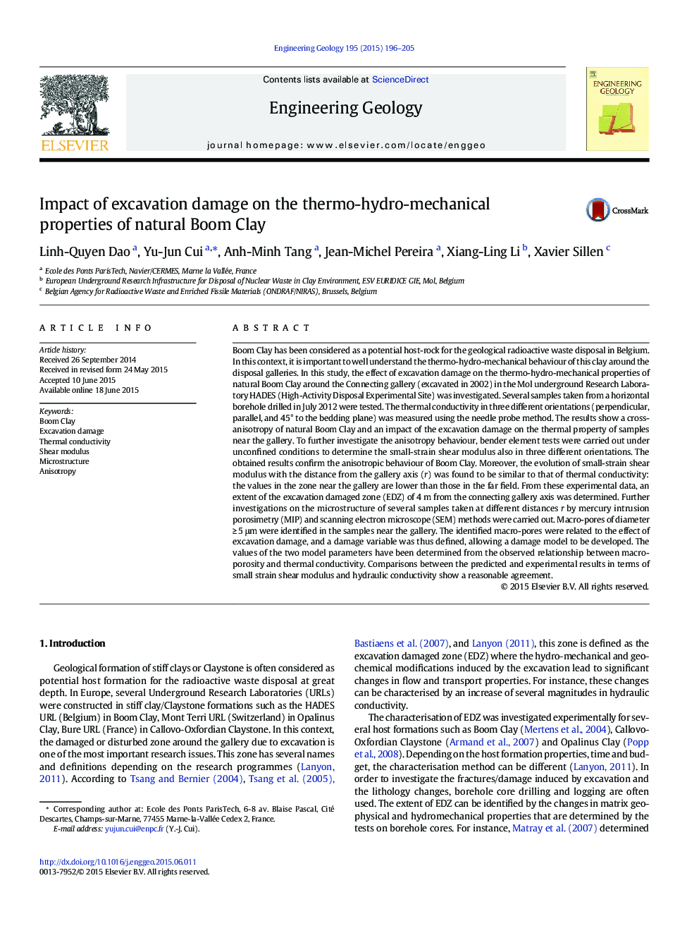 Impact of excavation damage on the thermo-hydro-mechanical properties of natural Boom Clay