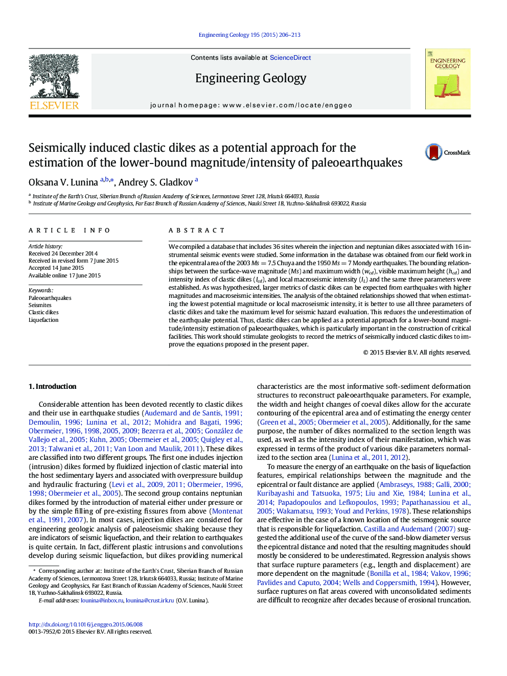 Seismically induced clastic dikes as a potential approach for the estimation of the lower-bound magnitude/intensity of paleoearthquakes