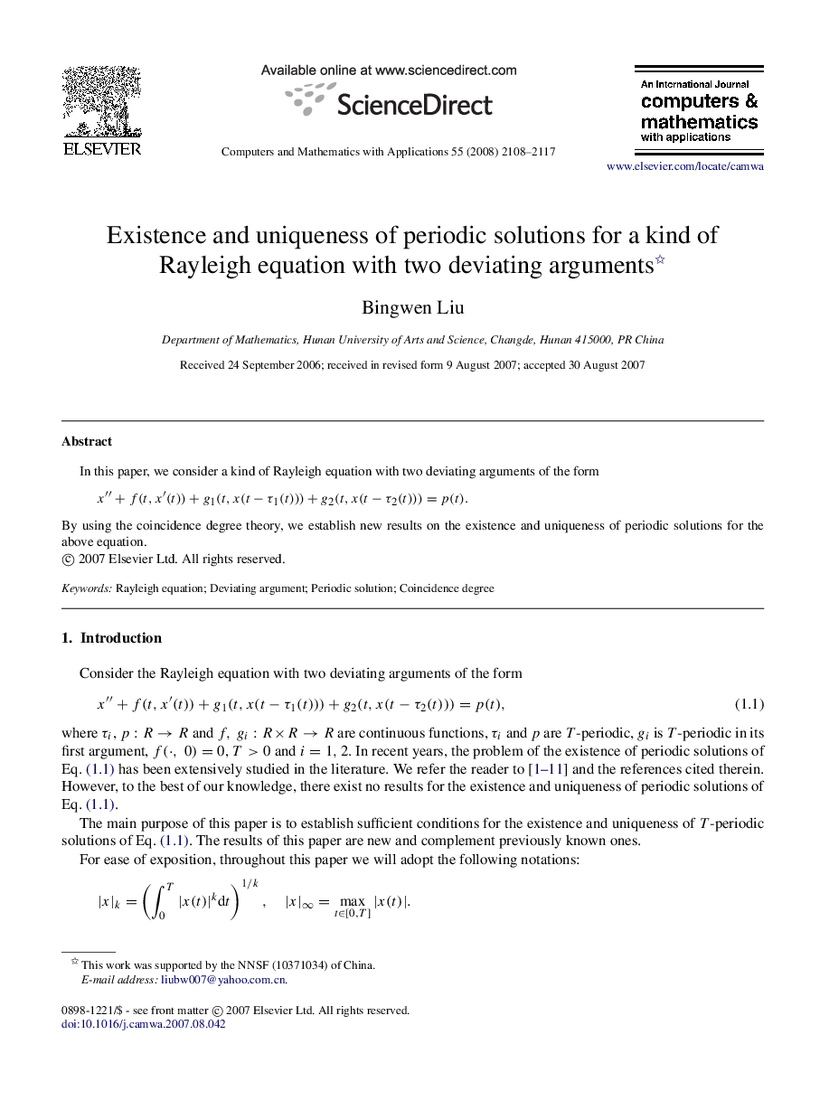 Existence and uniqueness of periodic solutions for a kind of Rayleigh equation with two deviating arguments 