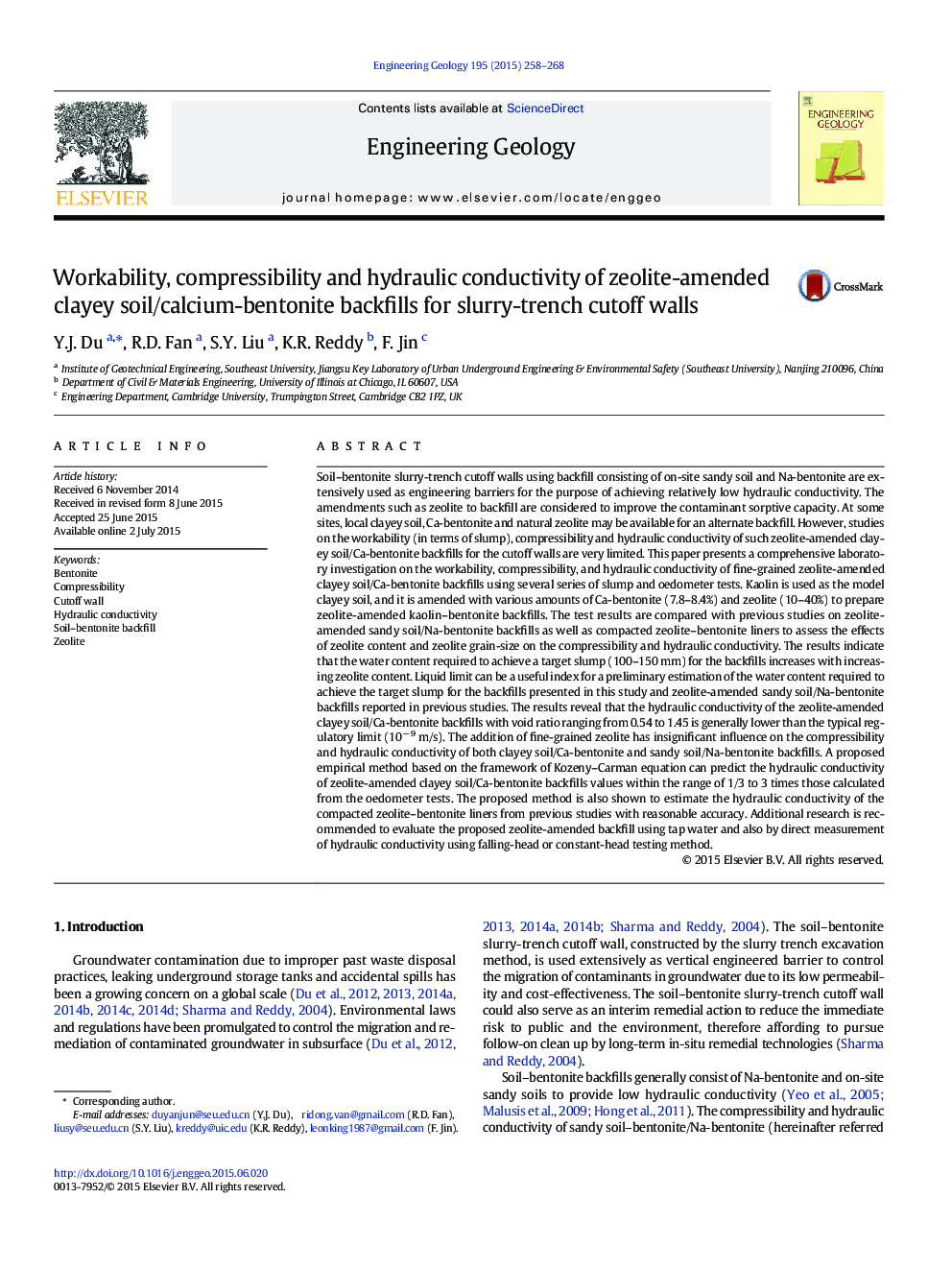 Workability, compressibility and hydraulic conductivity of zeolite-amended clayey soil/calcium-bentonite backfills for slurry-trench cutoff walls