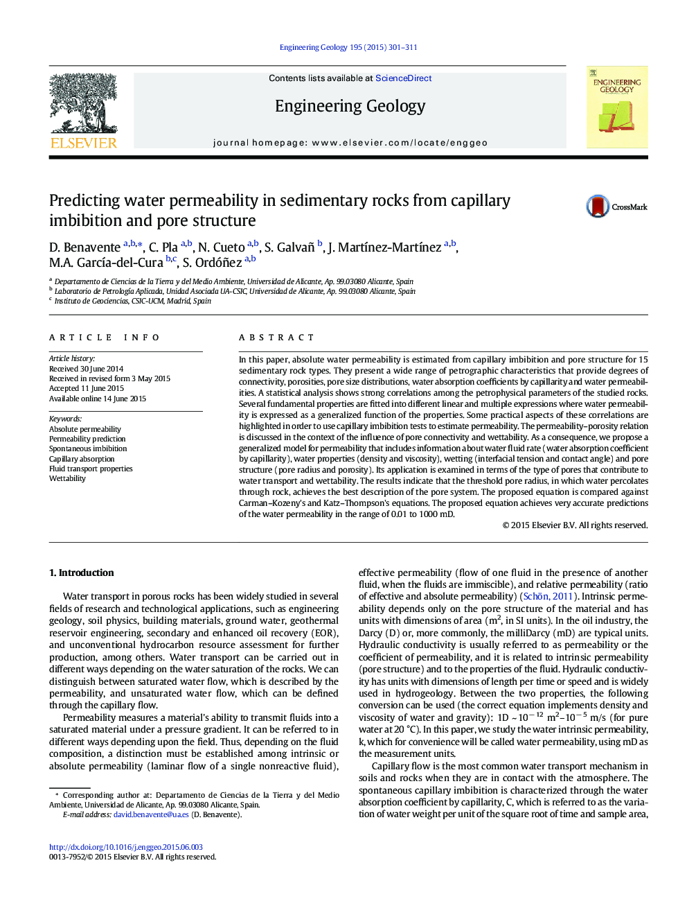 Predicting water permeability in sedimentary rocks from capillary imbibition and pore structure