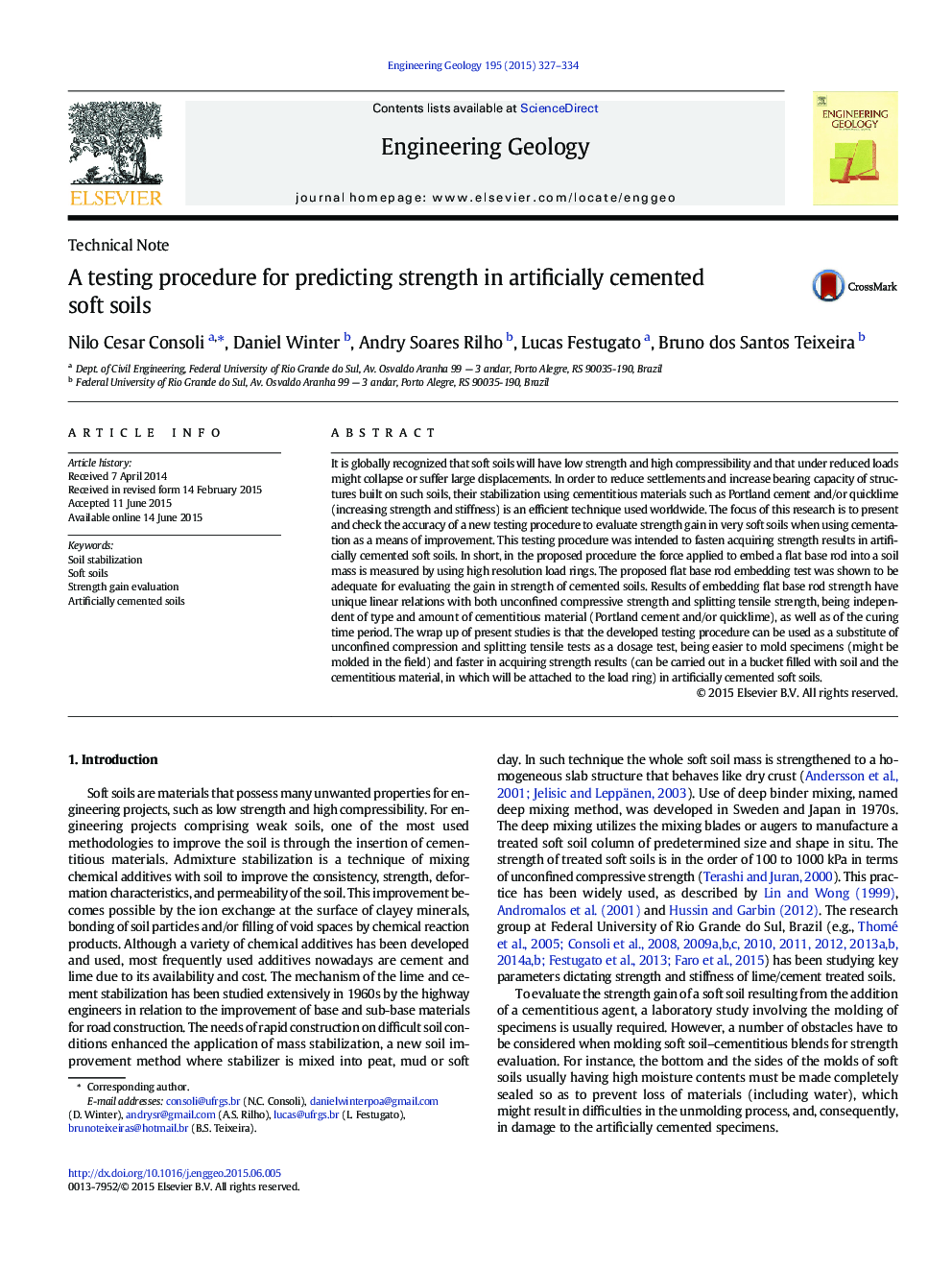 A testing procedure for predicting strength in artificially cemented soft soils