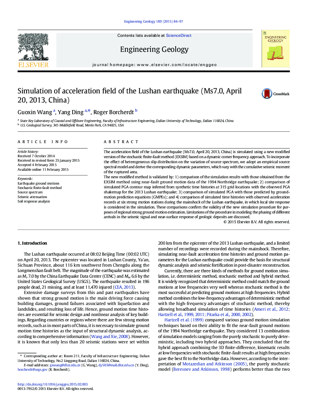 Simulation of acceleration field of the Lushan earthquake (Ms7.0, April 20, 2013, China)