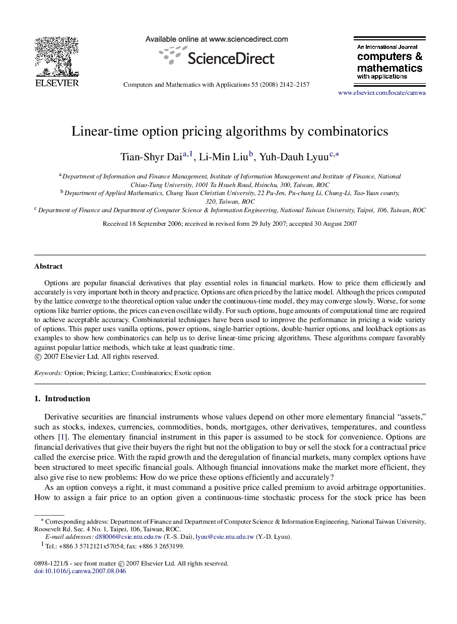 Linear-time option pricing algorithms by combinatorics