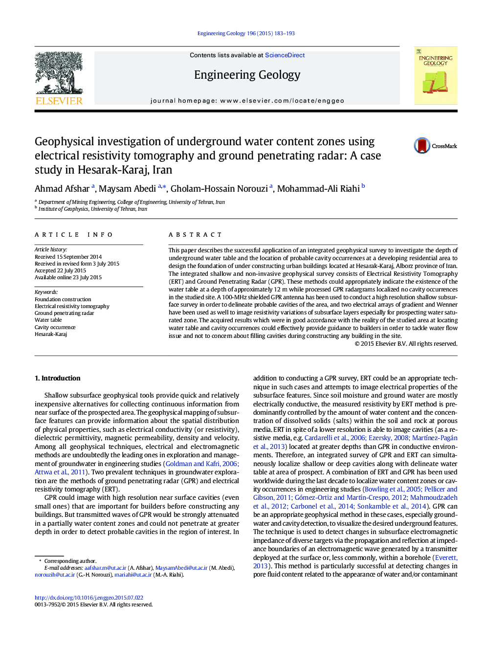 Geophysical investigation of underground water content zones using electrical resistivity tomography and ground penetrating radar: A case study in Hesarak-Karaj, Iran