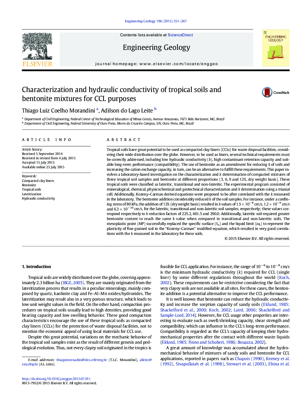 Characterization and hydraulic conductivity of tropical soils and bentonite mixtures for CCL purposes