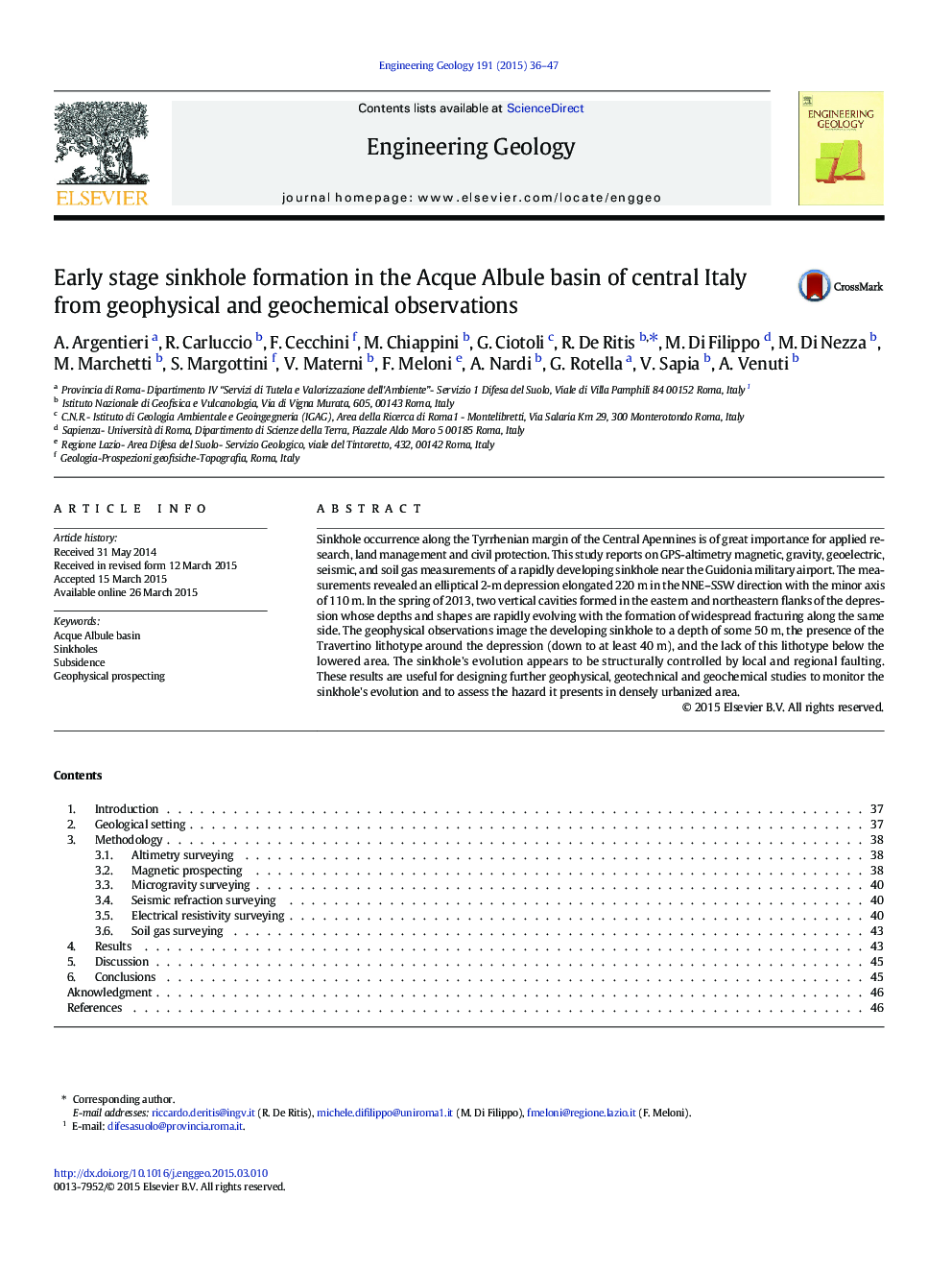 Early stage sinkhole formation in the Acque Albule basin of central Italy from geophysical and geochemical observations