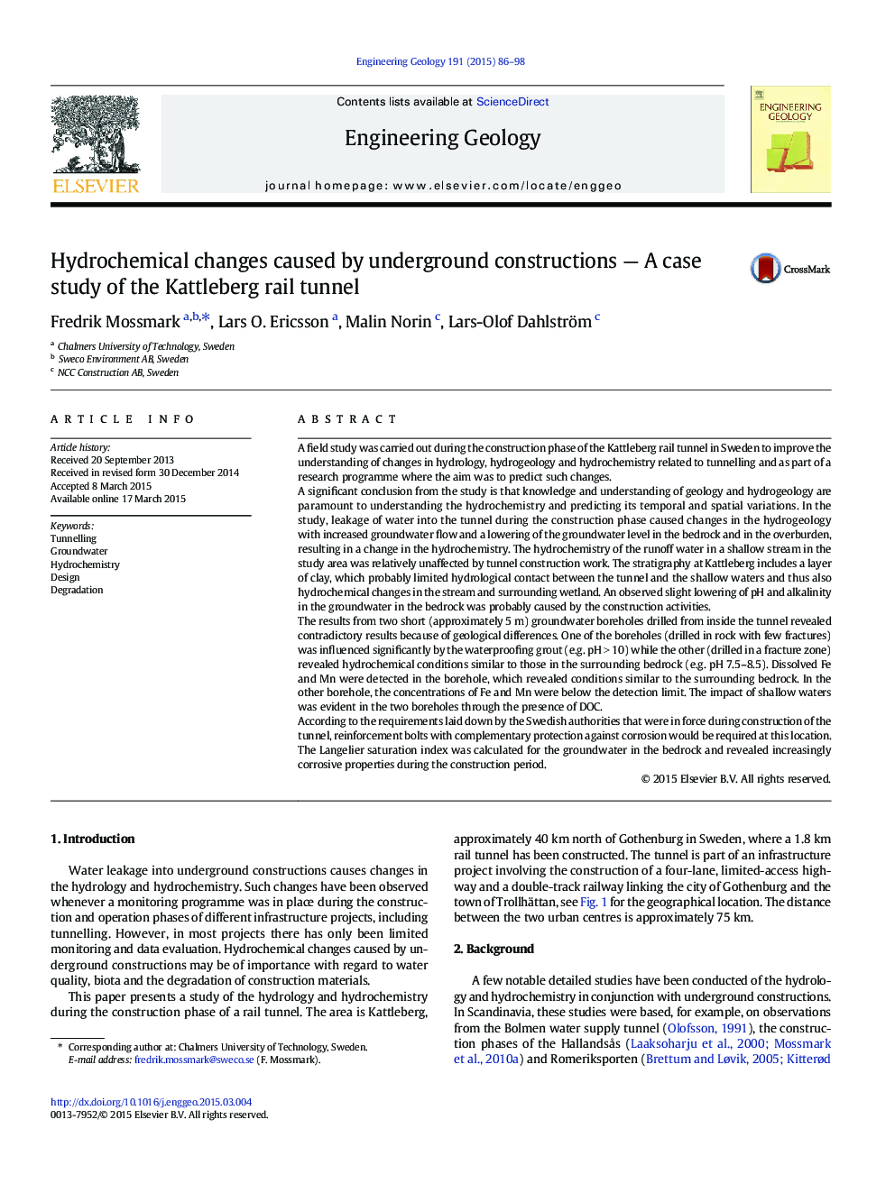 Hydrochemical changes caused by underground constructions — A case study of the Kattleberg rail tunnel