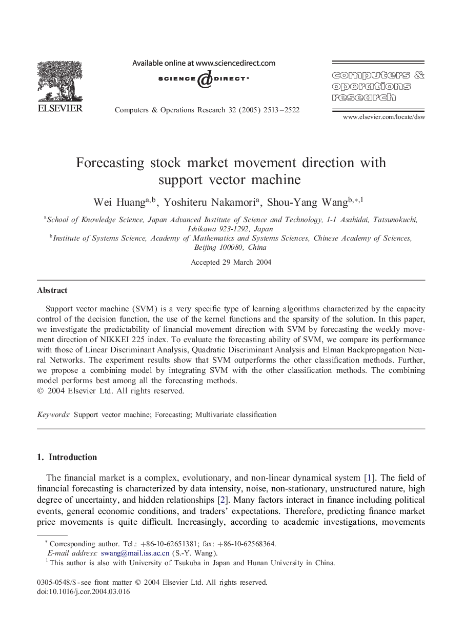 Forecasting stock market movement direction with support vector machine