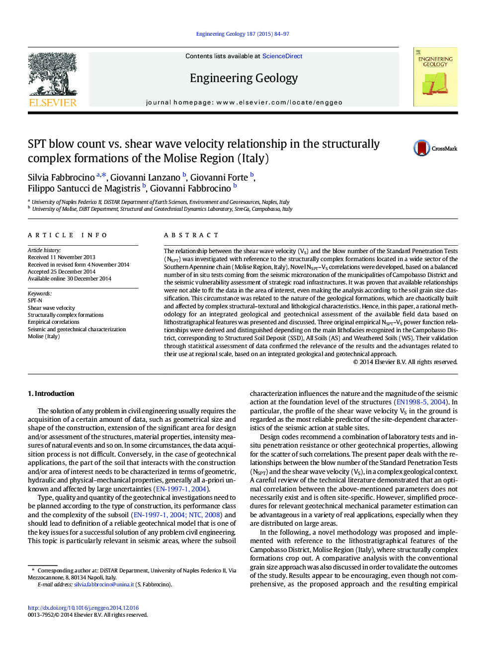 SPT blow count vs. shear wave velocity relationship in the structurally complex formations of the Molise Region (Italy)