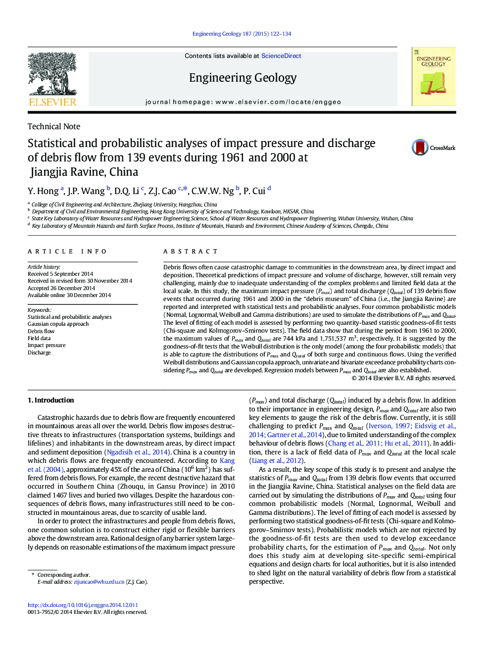 Statistical and probabilistic analyses of impact pressure and discharge of debris flow from 139 events during 1961 and 2000 at Jiangjia Ravine, China