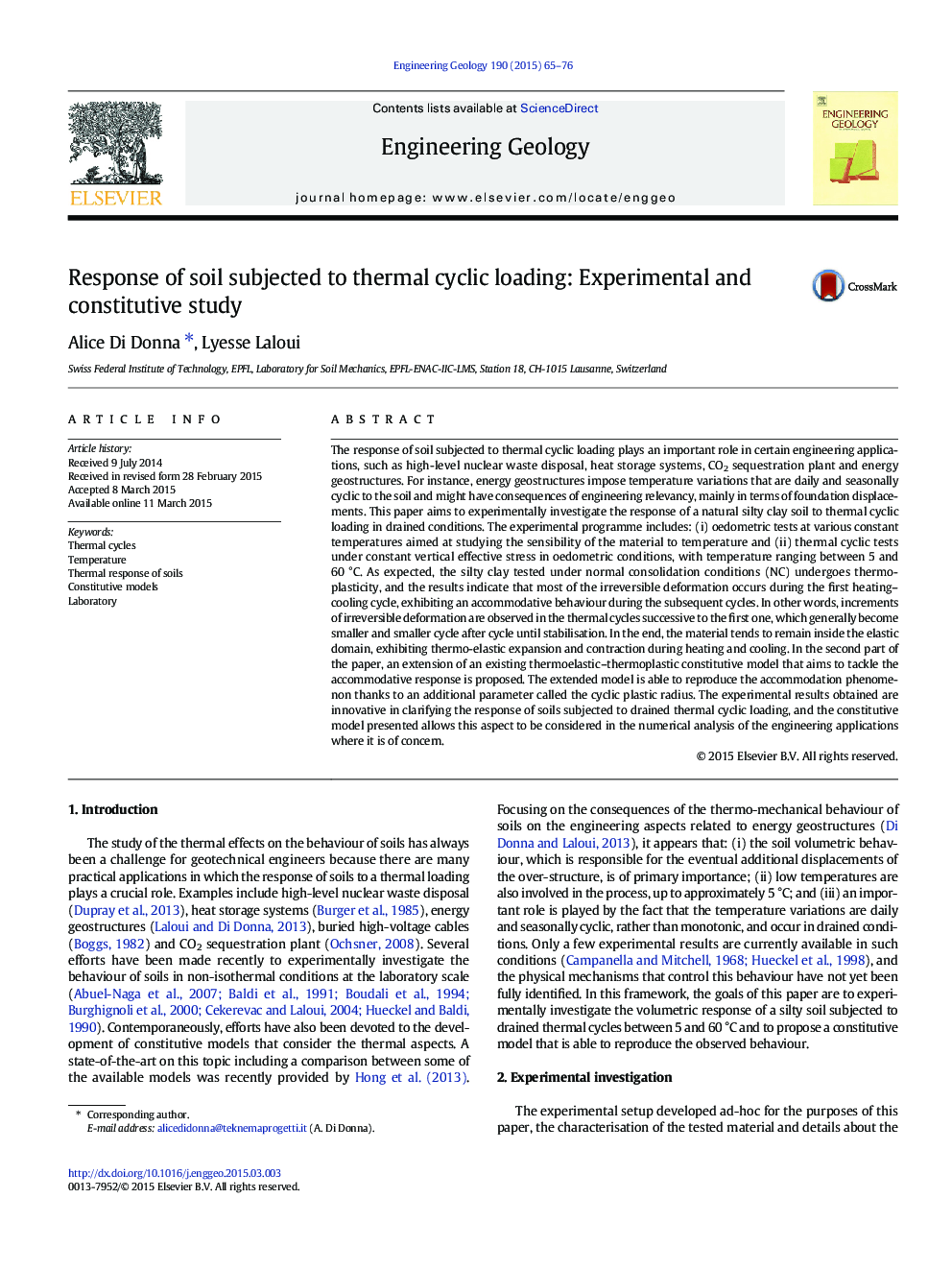 Response of soil subjected to thermal cyclic loading: Experimental and constitutive study