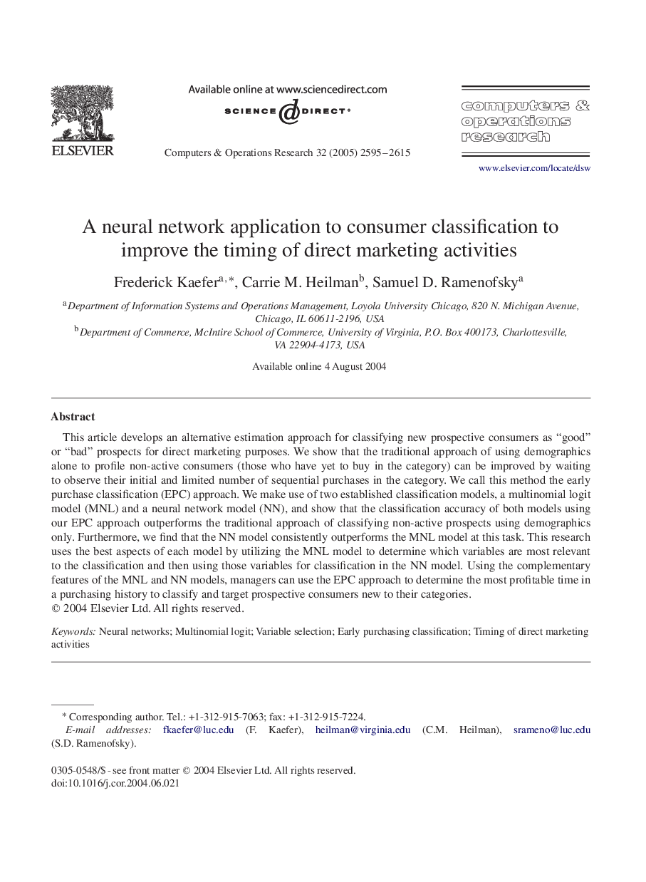 A neural network application to consumer classification to improve the timing of direct marketing activities