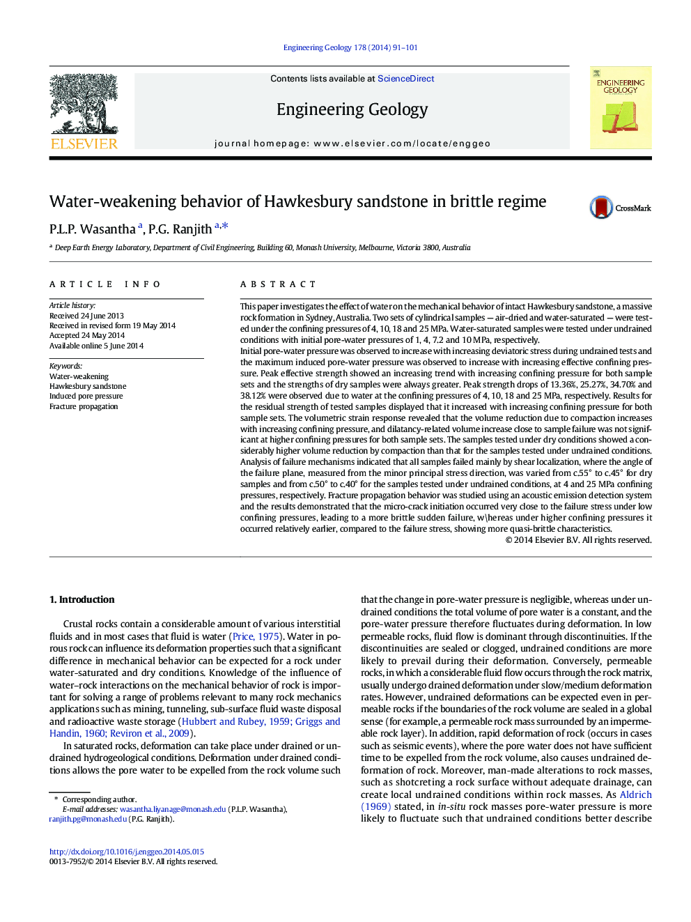 Water-weakening behavior of Hawkesbury sandstone in brittle regime