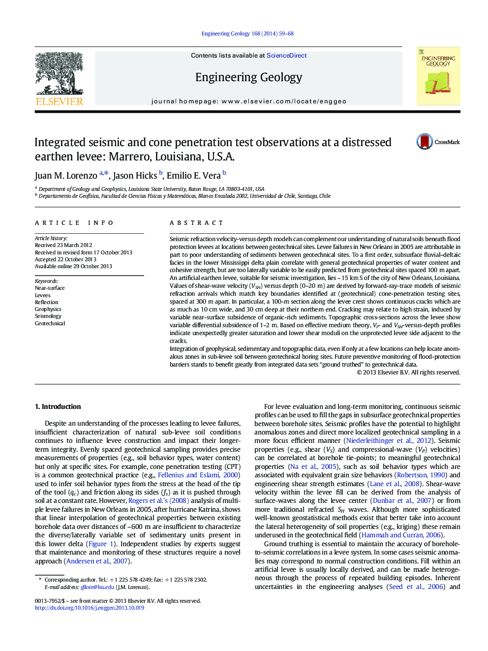 Integrated seismic and cone penetration test observations at a distressed earthen levee: Marrero, Louisiana, U.S.A.