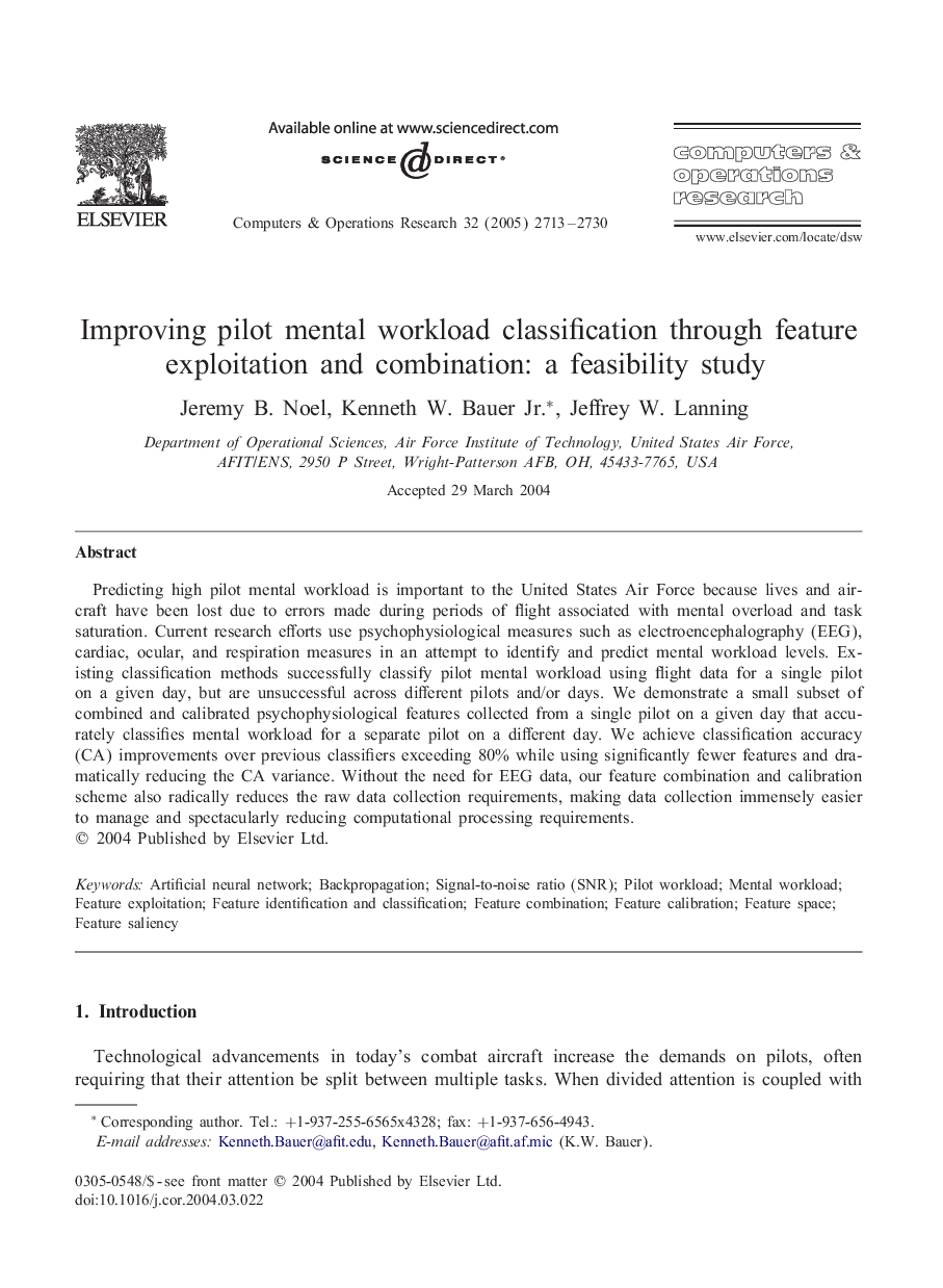 Improving pilot mental workload classification through feature exploitation and combination: a feasibility study