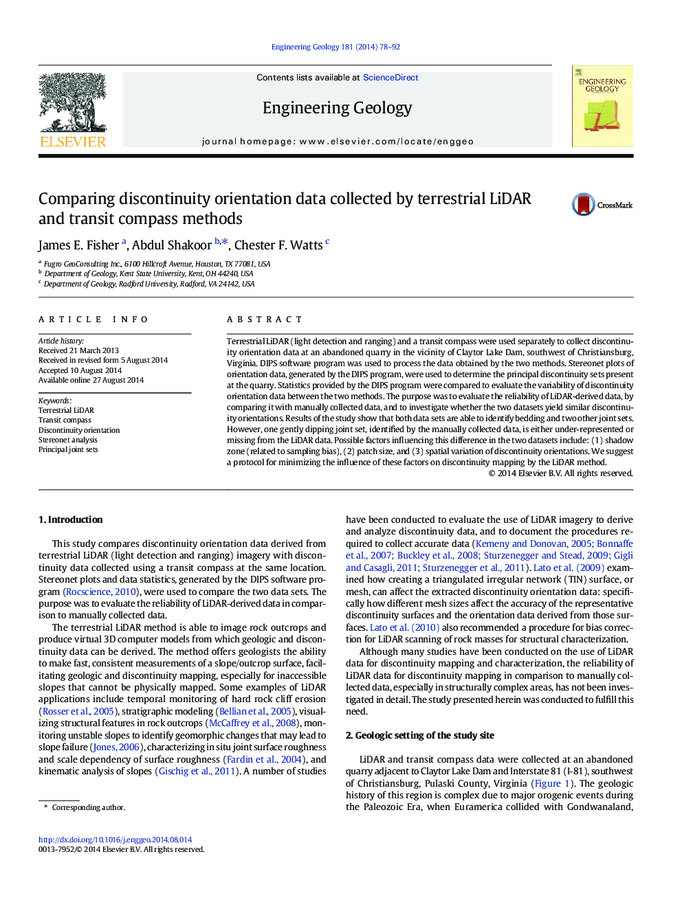 Comparing discontinuity orientation data collected by terrestrial LiDAR and transit compass methods