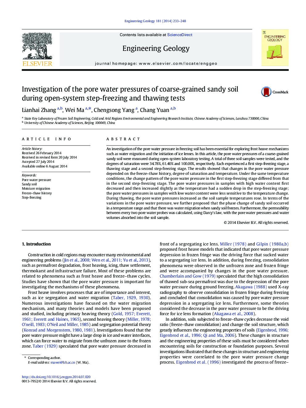 Investigation of the pore water pressures of coarse-grained sandy soil during open-system step-freezing and thawing tests