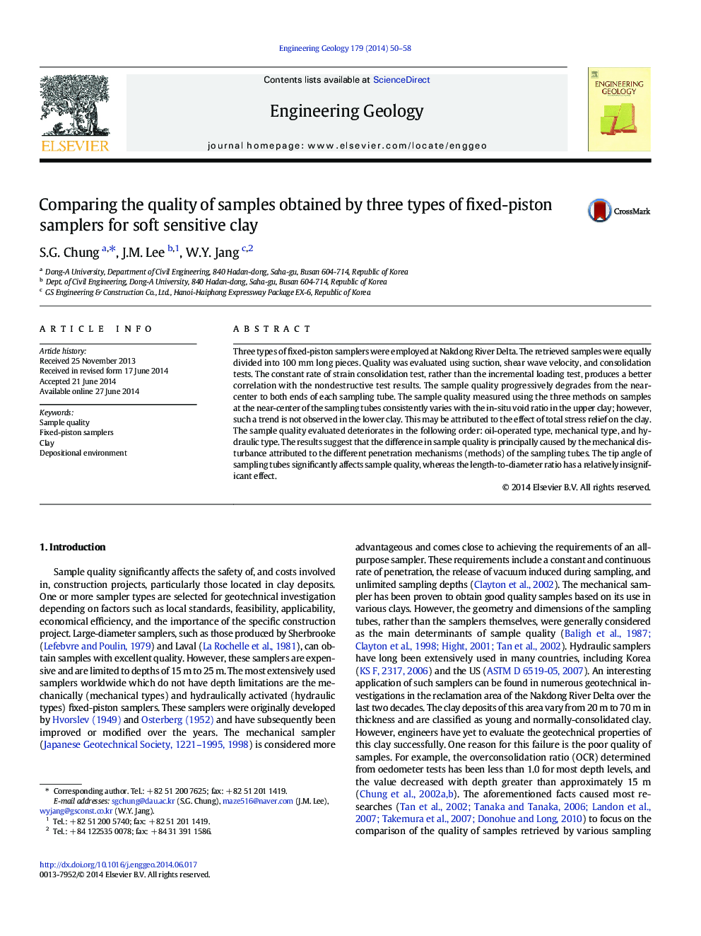 Comparing the quality of samples obtained by three types of fixed-piston samplers for soft sensitive clay