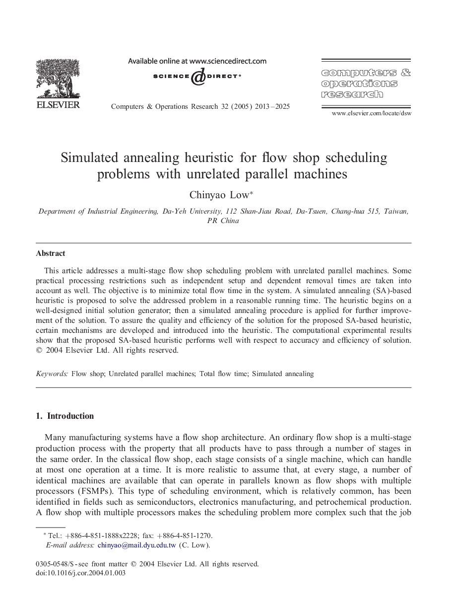 Simulated annealing heuristic for flow shop scheduling problems with unrelated parallel machines
