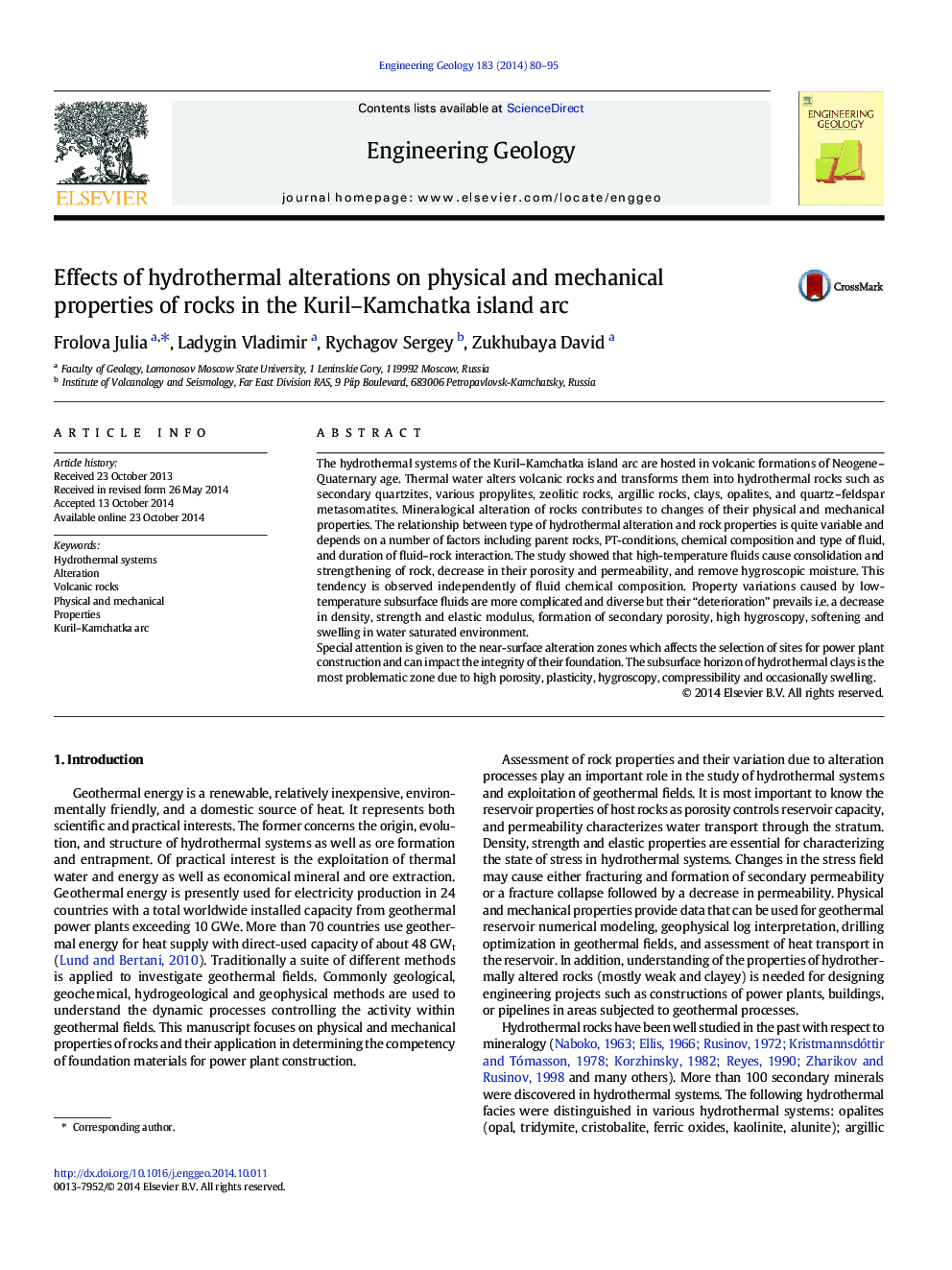 Effects of hydrothermal alterations on physical and mechanical properties of rocks in the Kuril–Kamchatka island arc