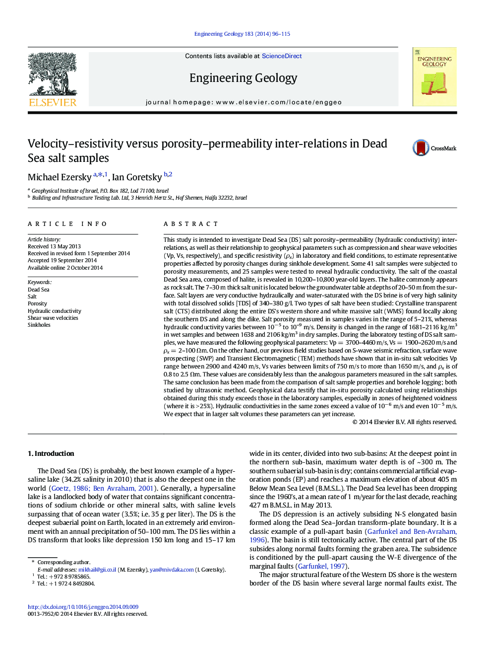 Velocity–resistivity versus porosity–permeability inter-relations in Dead Sea salt samples