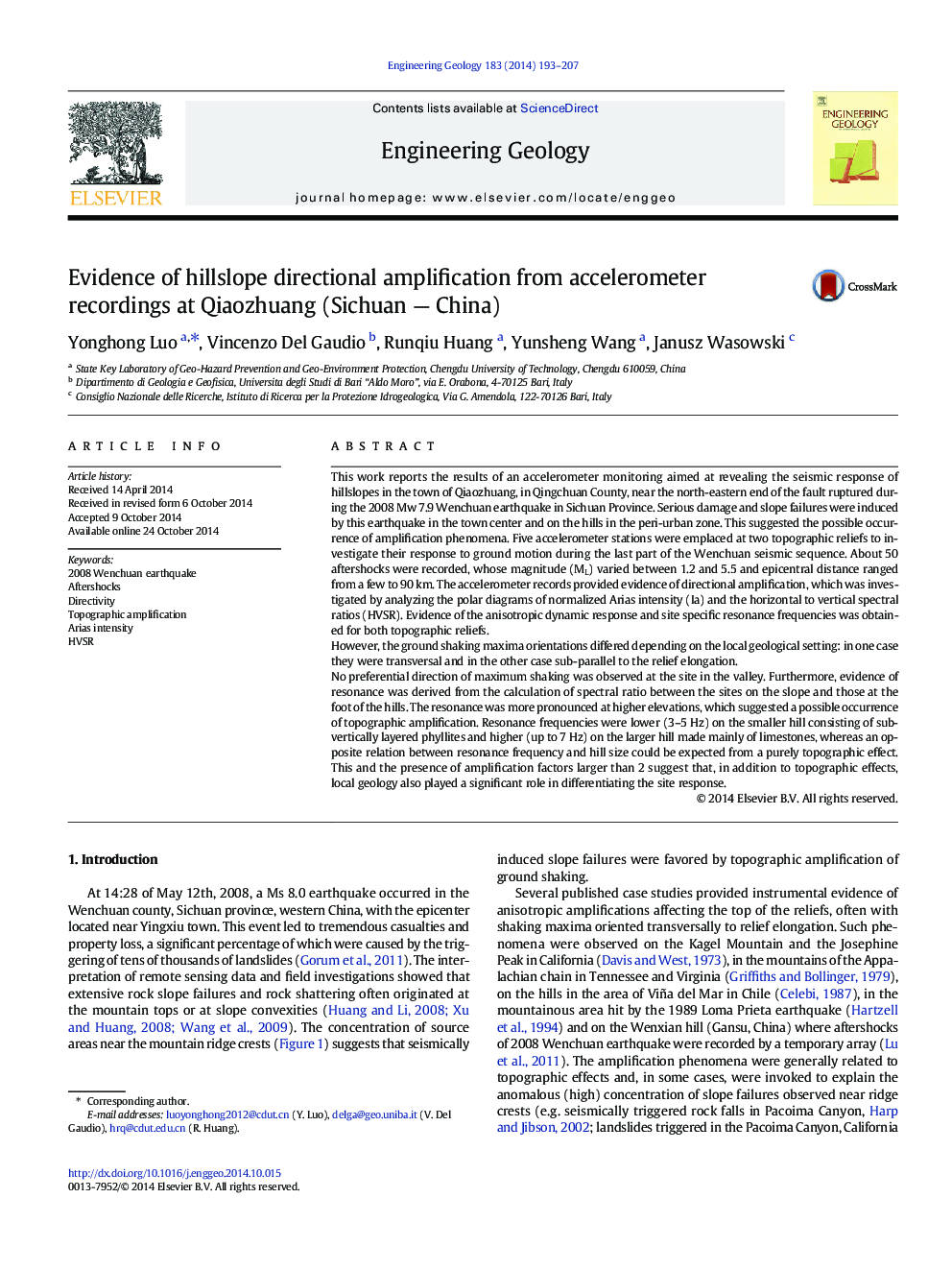 Evidence of hillslope directional amplification from accelerometer recordings at Qiaozhuang (Sichuan — China)