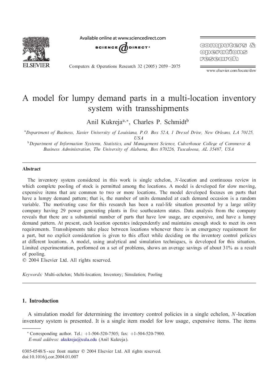 A model for lumpy demand parts in a multi-location inventory system with transshipments