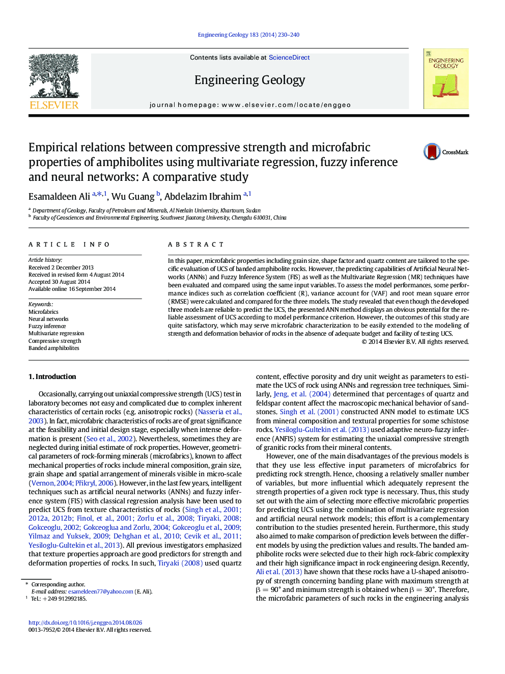 Empirical relations between compressive strength and microfabric properties of amphibolites using multivariate regression, fuzzy inference and neural networks: A comparative study