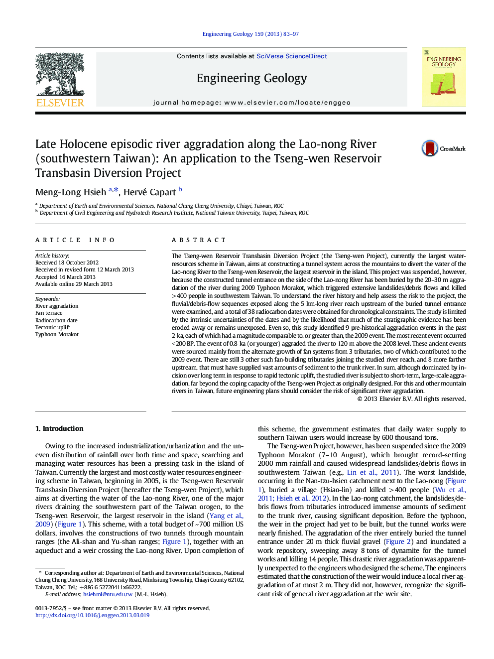 Late Holocene episodic river aggradation along the Lao-nong River (southwestern Taiwan): An application to the Tseng-wen Reservoir Transbasin Diversion Project