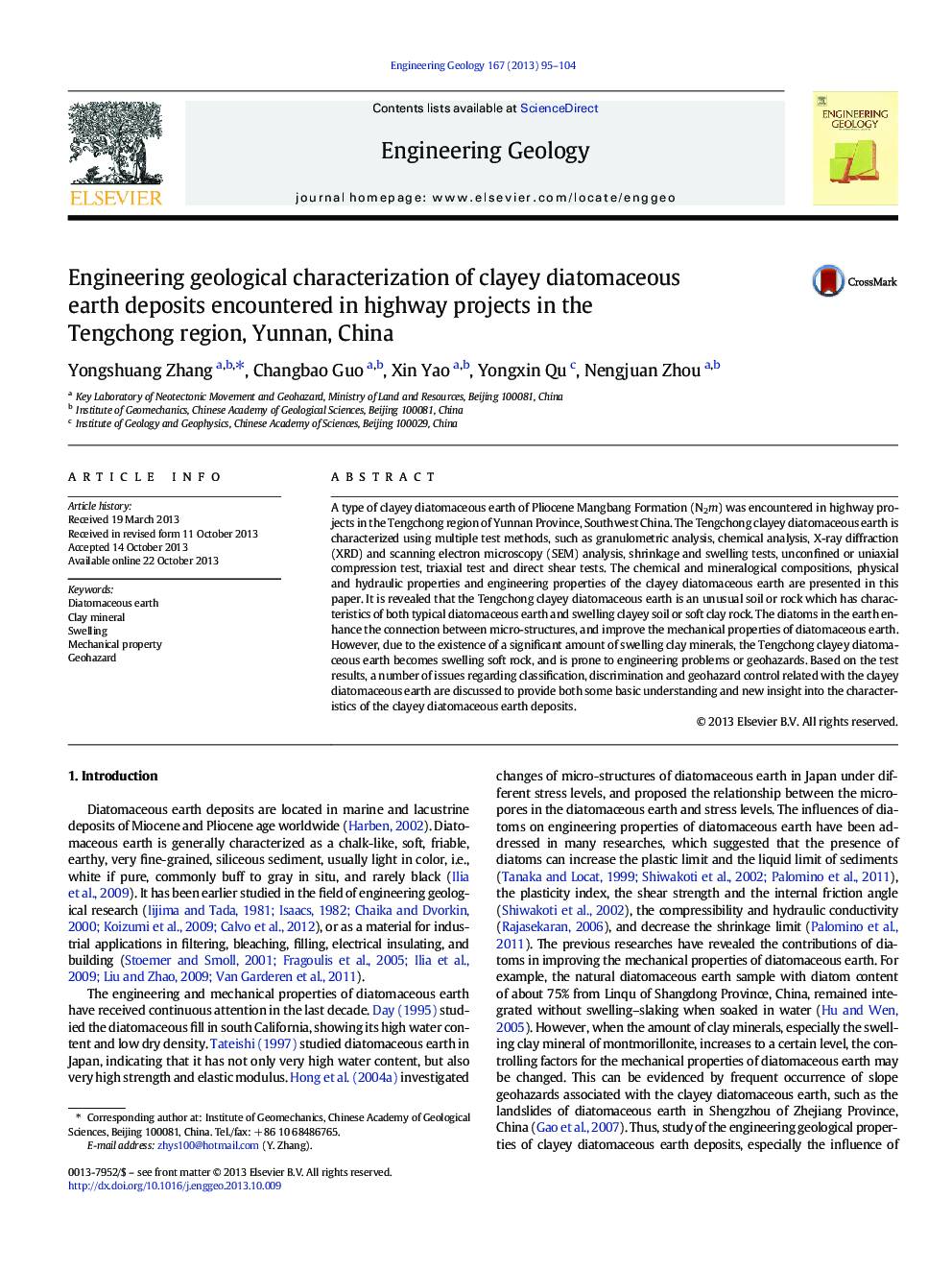 Engineering geological characterization of clayey diatomaceous earth deposits encountered in highway projects in the Tengchong region, Yunnan, China