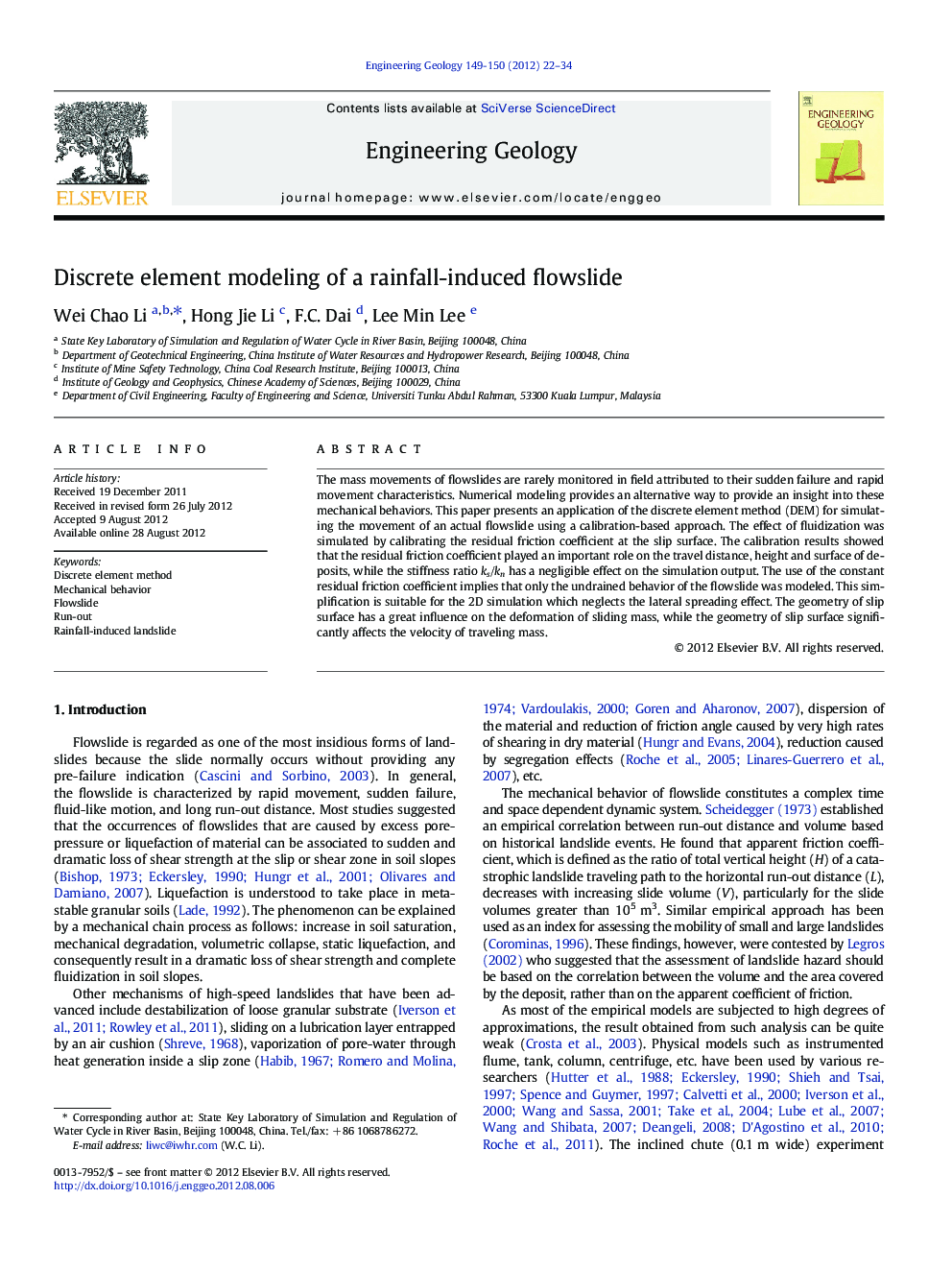 Discrete element modeling of a rainfall-induced flowslide